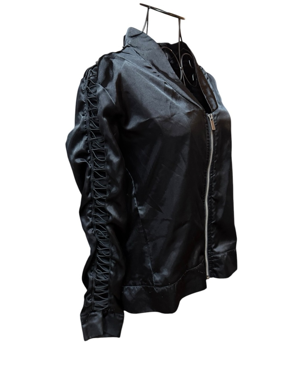 Puma Black Satin Bomber with Front Zip Lace up Sleeve Subtle Logo